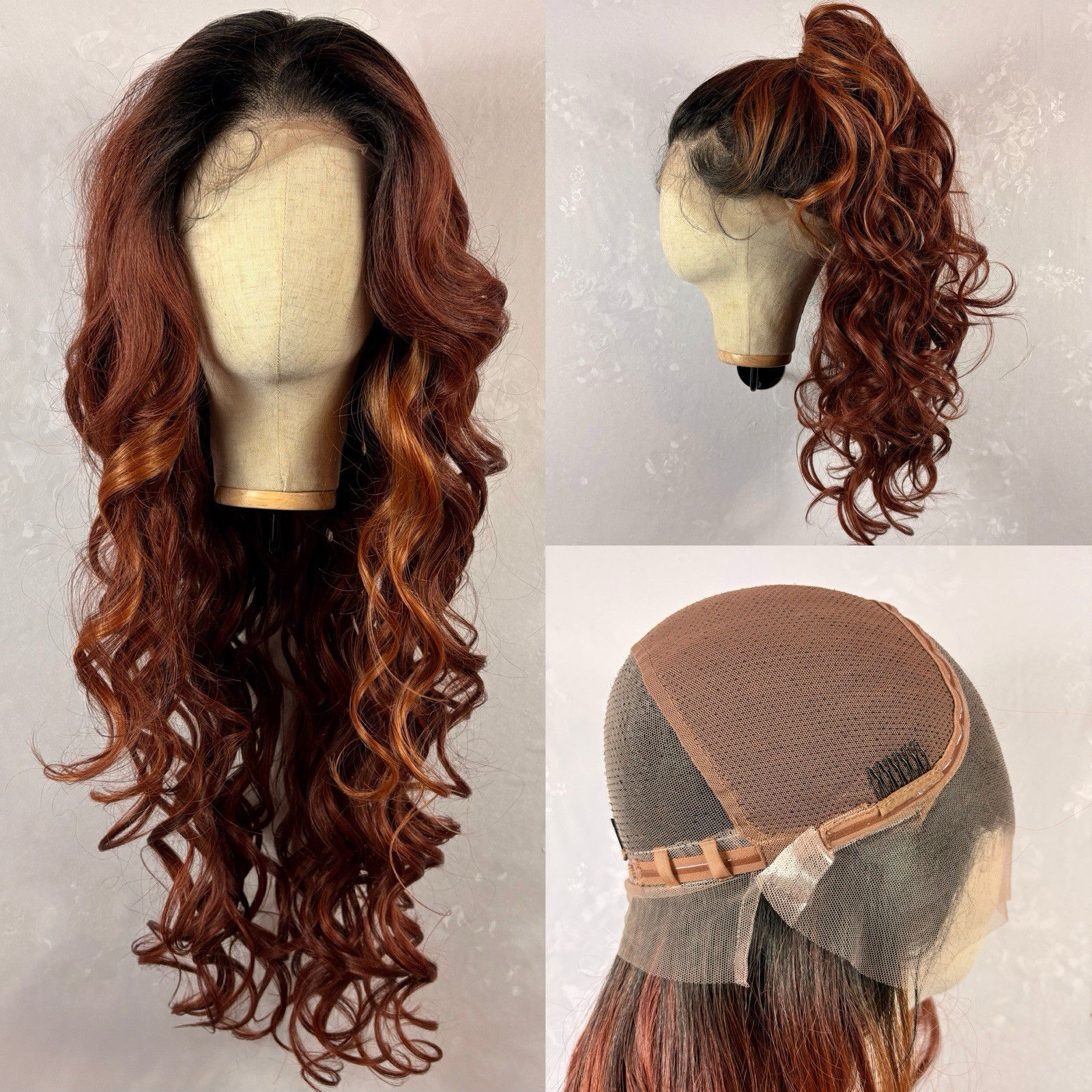 Daily wear WIG! 30” Long curly ombre COPPER Human hair Blend,FULL Lace Free Part