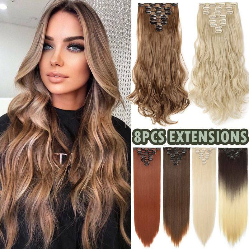 24 inch Wavy 8pcs Natural Hairpiece Clip in Hair Extensions Curly For Woman US