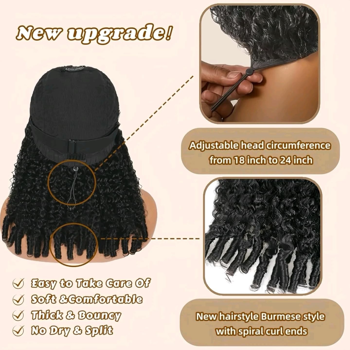 18″ Curly V Part Wig Human Hair, 200% Density, Glueless Clip-In, Natural Color