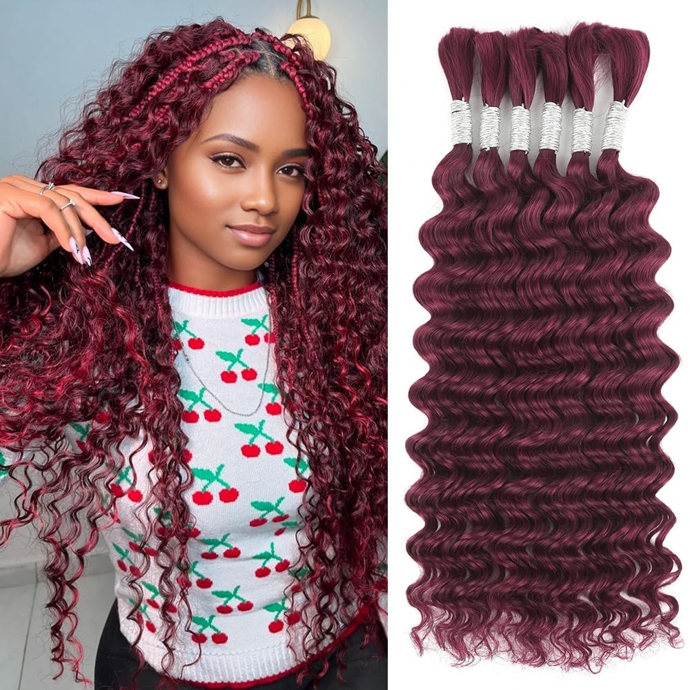 Elegant 99J Burgundy Human Hair for Boho Braids – 18 Inch Deep Waves, 6 Bundles
