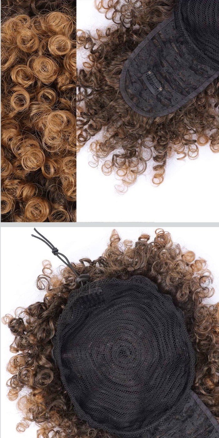 Afro Puff Ponytail W Bangs Wig Kinky Curly Hair Piece T30 Drawstring Black Women