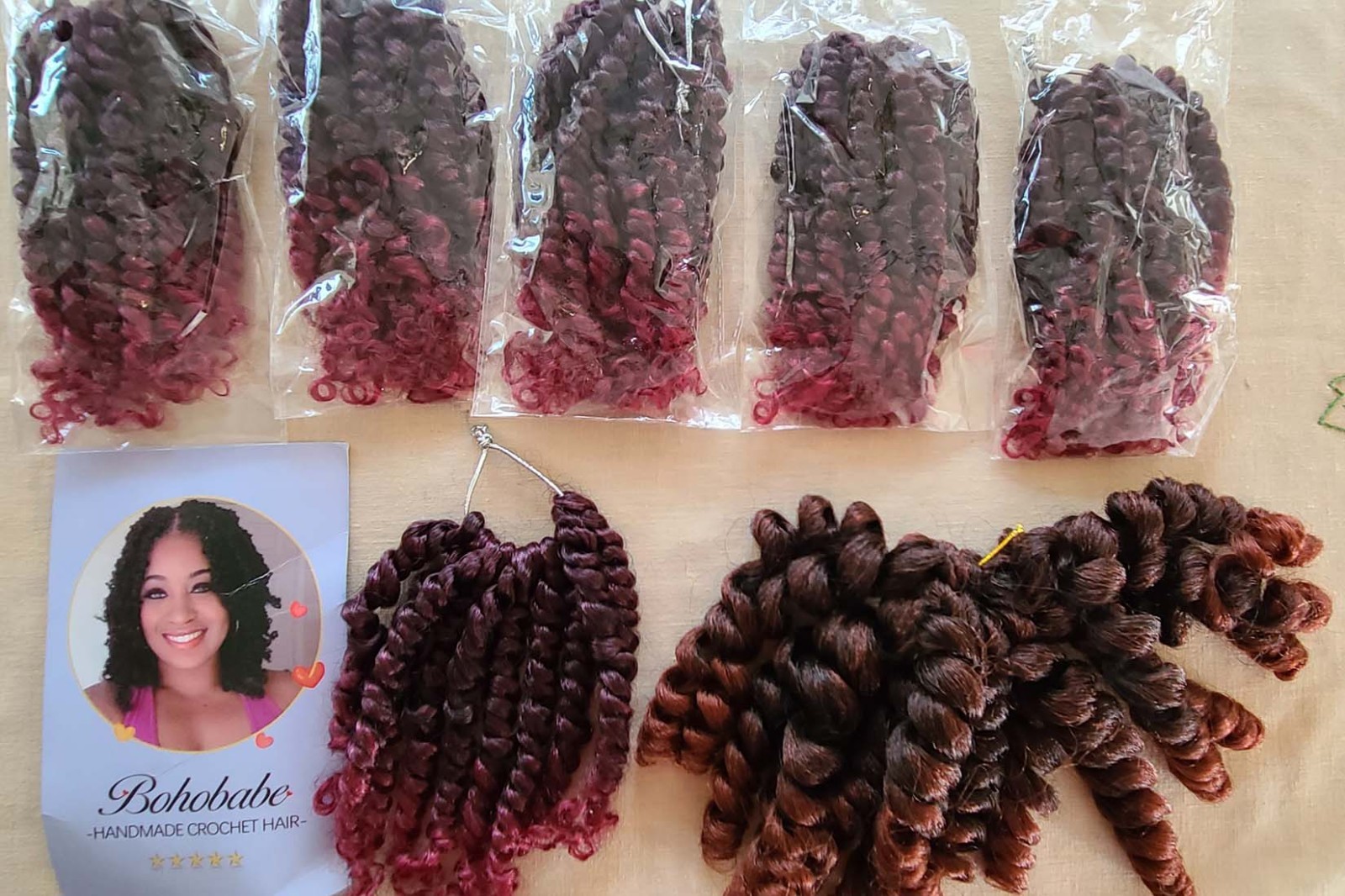 Bohobabe Crochet Handmade Hair , 6 Packs 6″ Burgundy + 1 Pack 8″ Brown