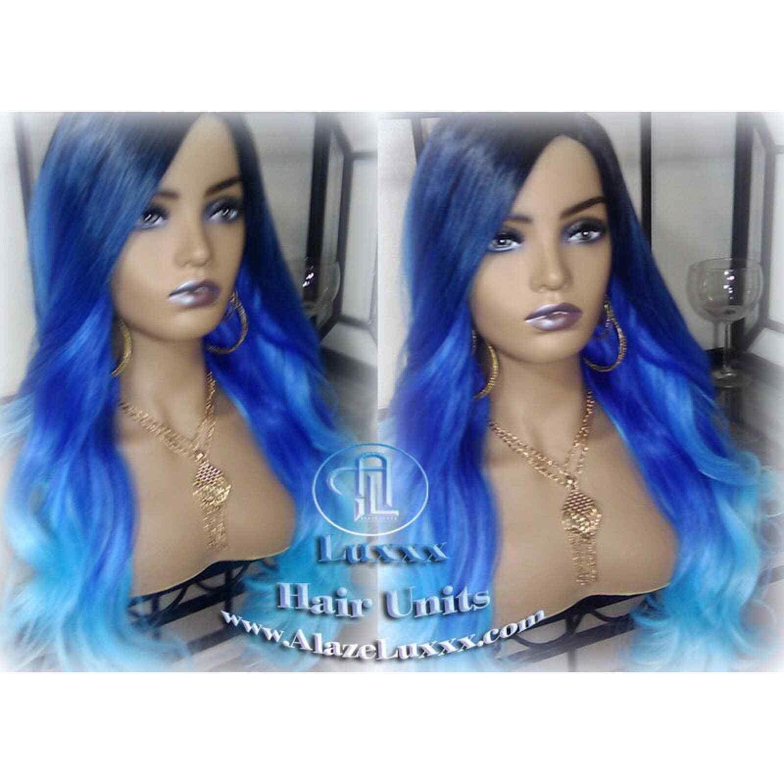 Blue Ombre Gradient Human Hair Wig Weave Mermaid bohemian Goddess