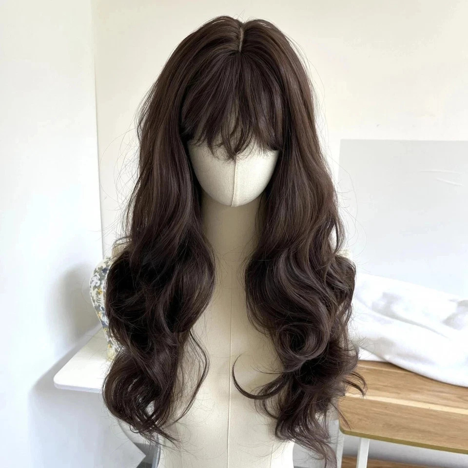 Human Hair New Fashion Sexy Women’s Long Natural Dark Brown Wavy Wigs 24 In