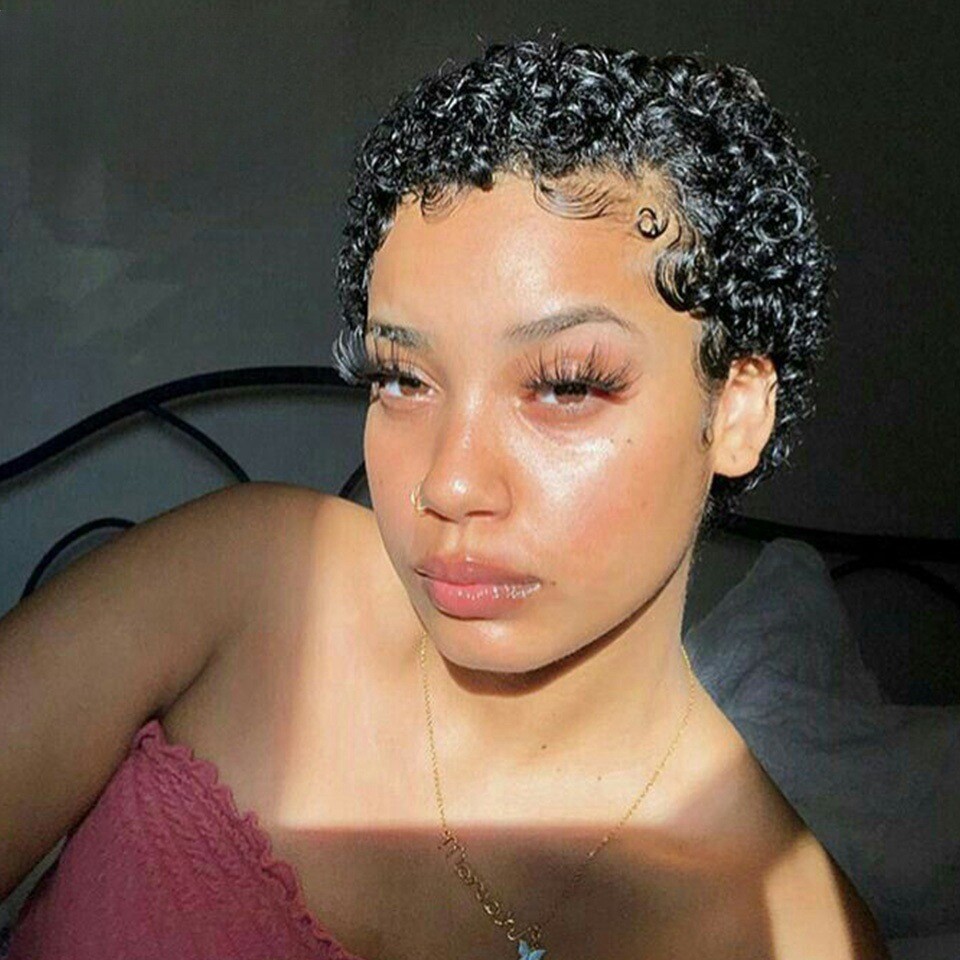 100% Human Hair Wigs Women Curly Pixie Cut Wigs Natural Daily Wear
