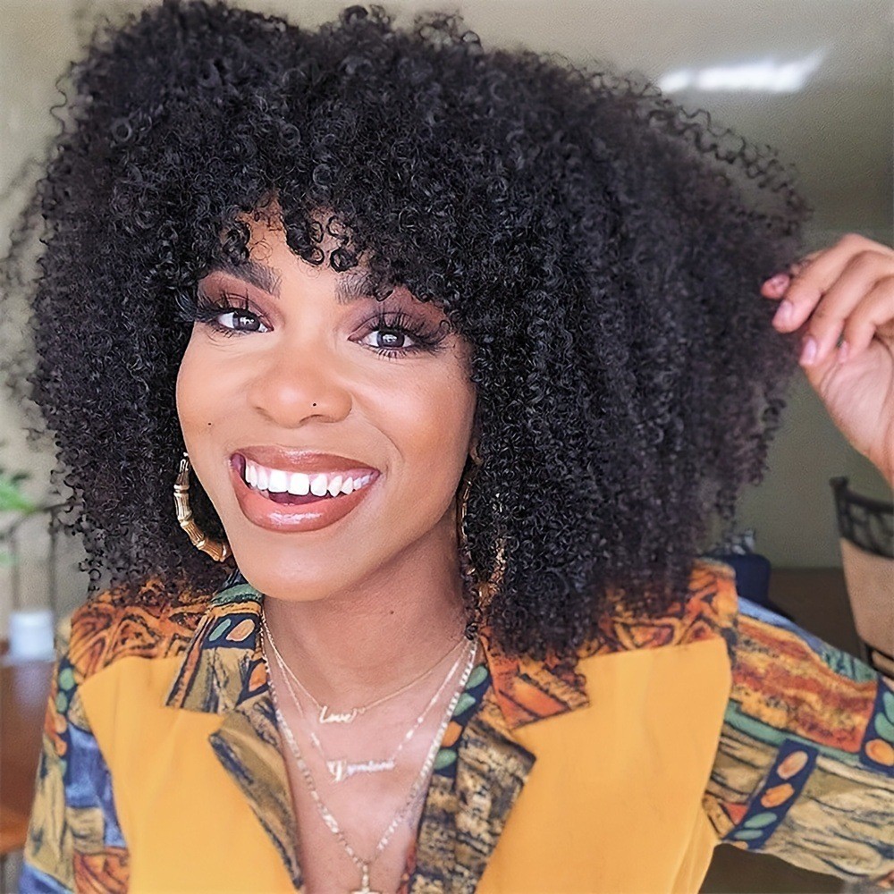 Afro Kinky Curly Wig with Bangs Full Machine Made 300% Density Human Hair Wigs