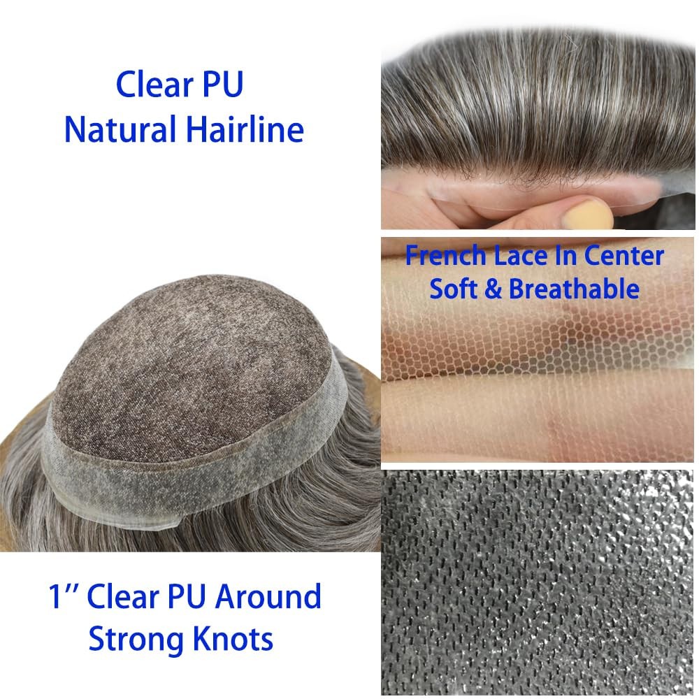 French Lace Mens Toupee Poly Around Hairpiece Human Hair Replacement System Wigs