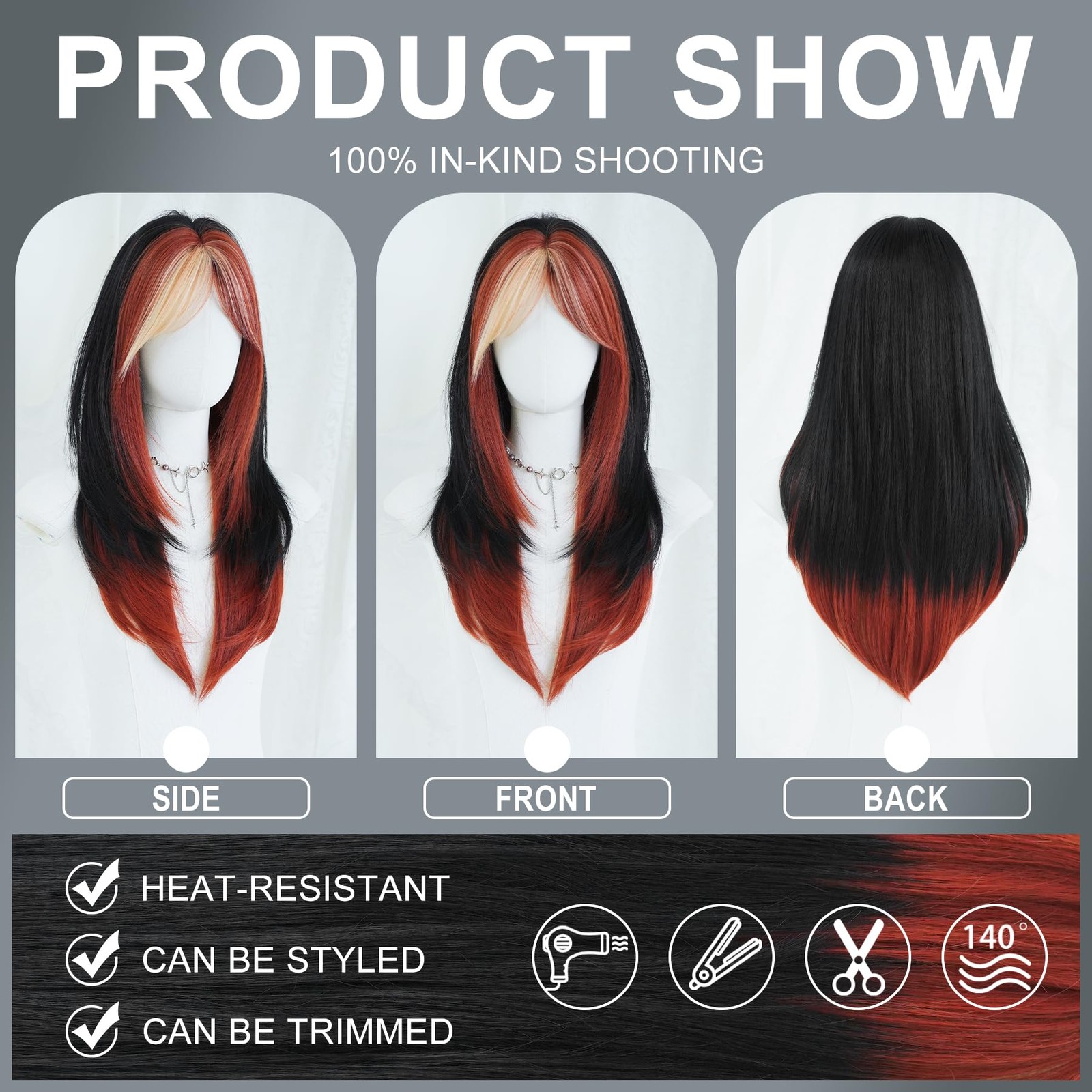 7Jhh Wigs Black Ginger Wig Half Orange Ombre Pink Bangs For Women 25 Inch