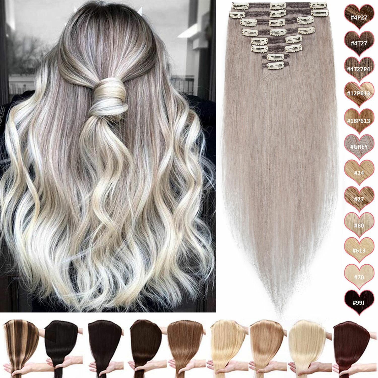 100% Real Soft Double Weft Clip In Remy Human Hair Extensions Full Head Thick US