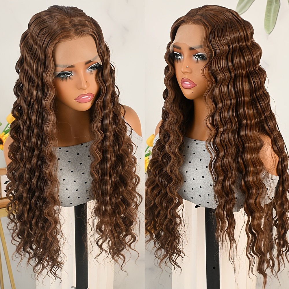 Lace Front Wigs Long Deep Wave 13×4 Glueless Replacement Hair Brown Highlight