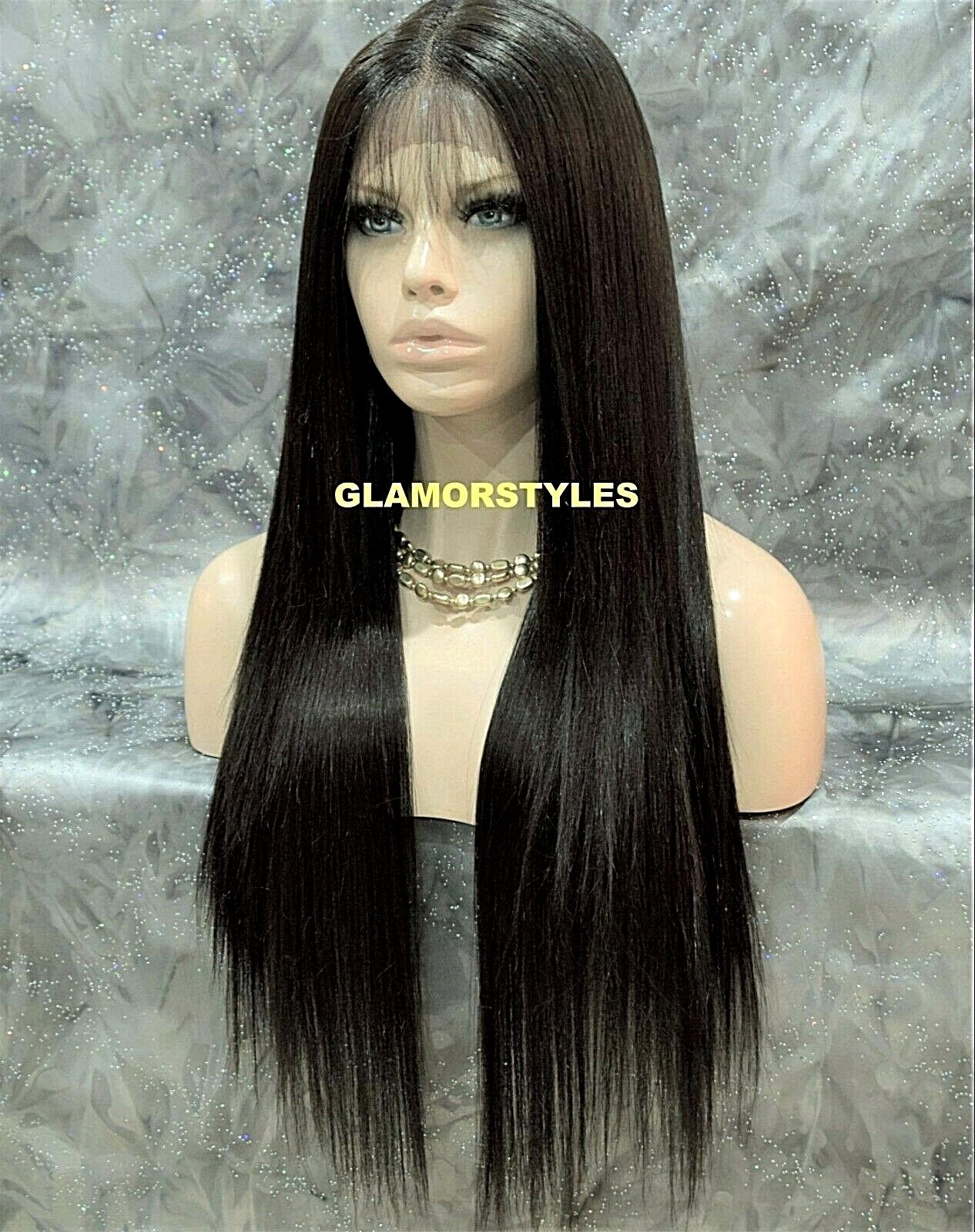 LACE FRONT FULL WIG LONG STRAIGHT LAYERED MIDDLE PART JET BLACK #1 HEAT OK