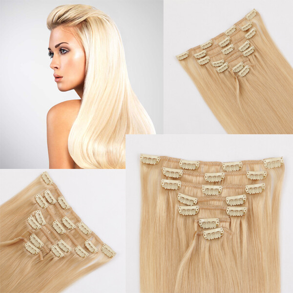 24″ Indian 100% Human Clipin Hair Extensions Double Drawn Black/Brown/Blonde120g