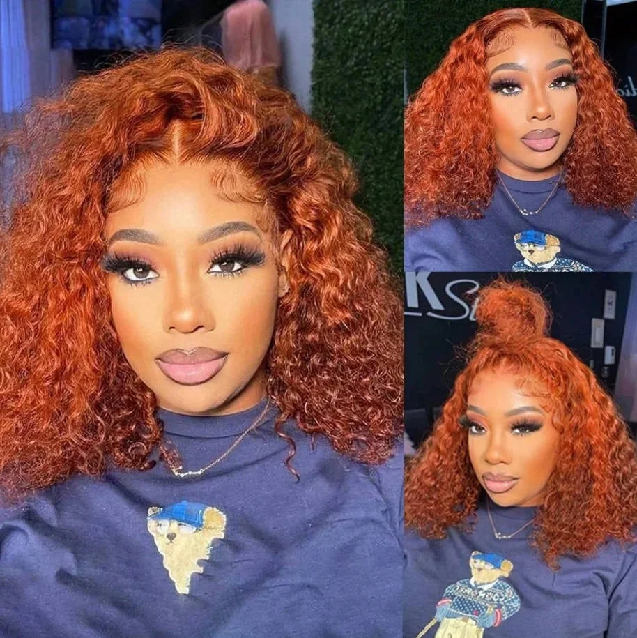 8-22Inch Deep Wave Bob Ginger Orange Lace Front Wigs Bob Human Hair Wig 14 Inch