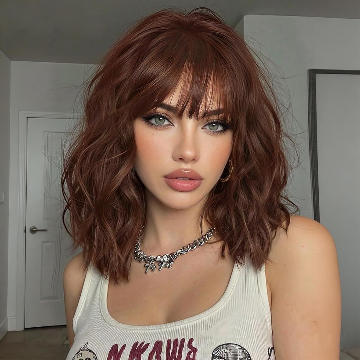 14inch Short Wavy Curly Bob Wig with Bangs Synthetic Hair for Women Black Brown