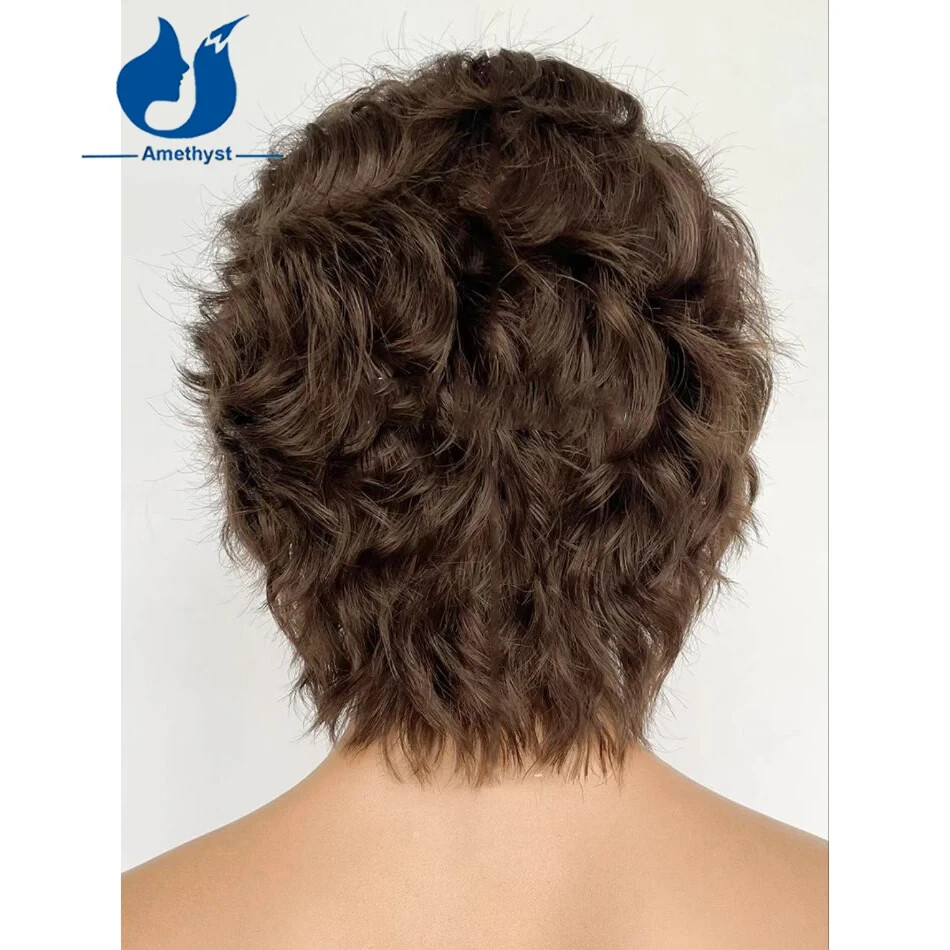 Dark Brown Wavy Men’s Wig Human Hair Short Bob Pixie Cut 13×6 Lace Front Wig