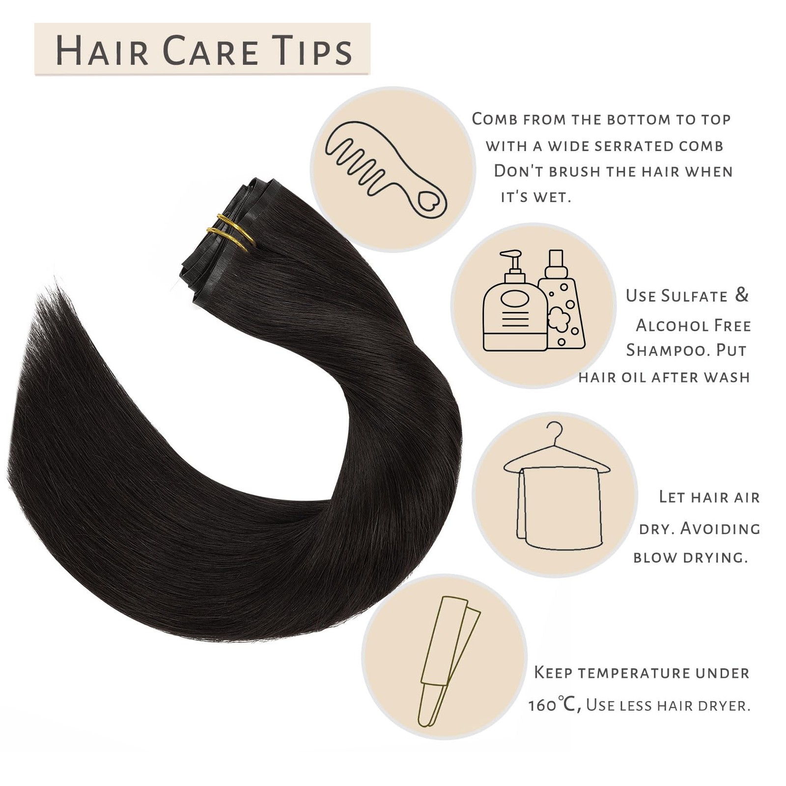 Caliee 18Inch Clip In Hair Extensions Real Human Hair Color 1B Natural Black