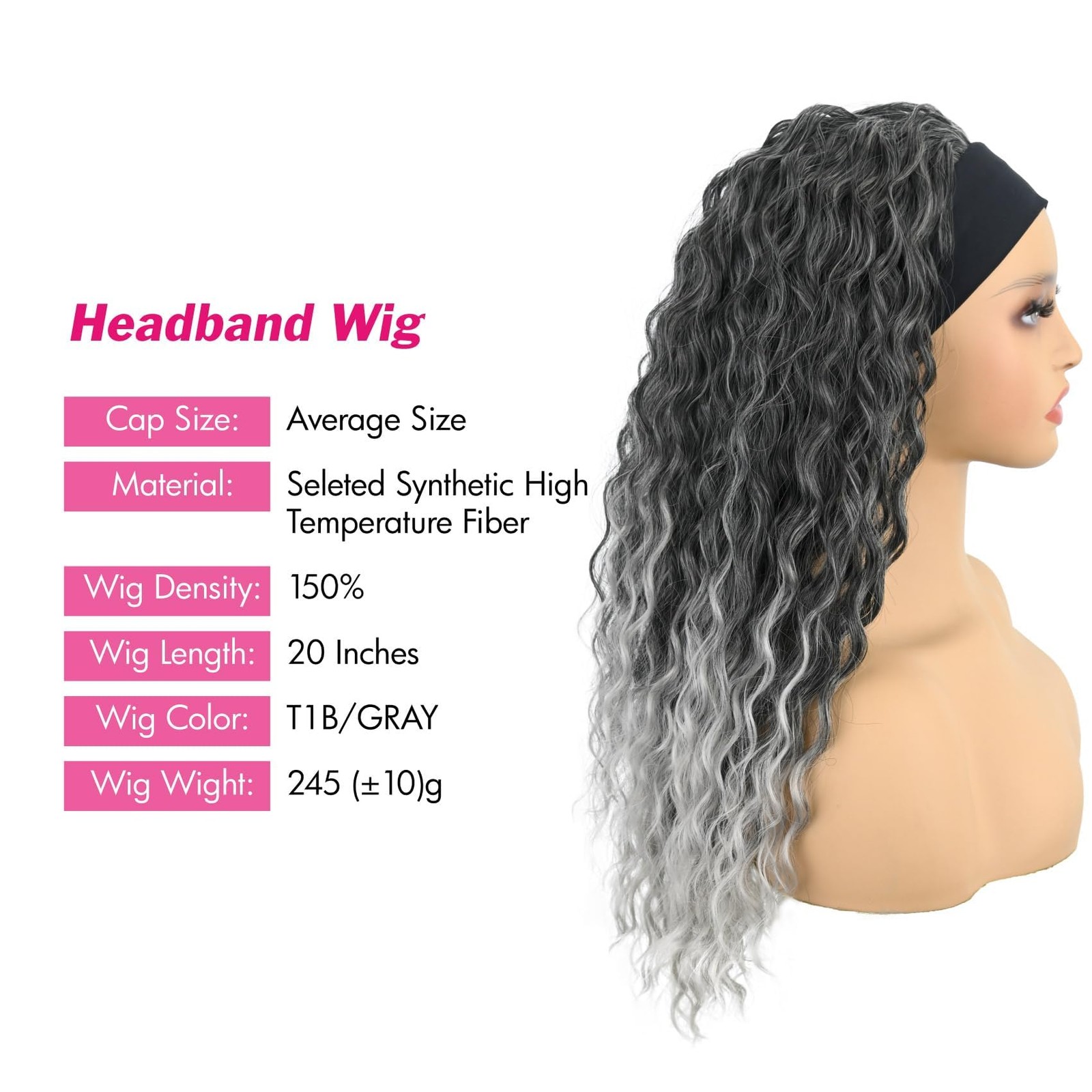 Headband Wig Deep Wave 20 Inch Gray for Black Women – Machine Made None Lace …