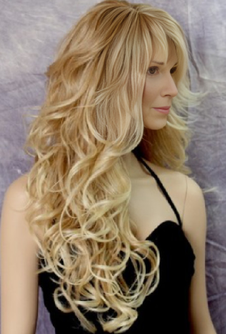 Long Blonde Mix Human Hair Blend Full Wigs Goregeous Wavy Heat Safe Blonde Mix