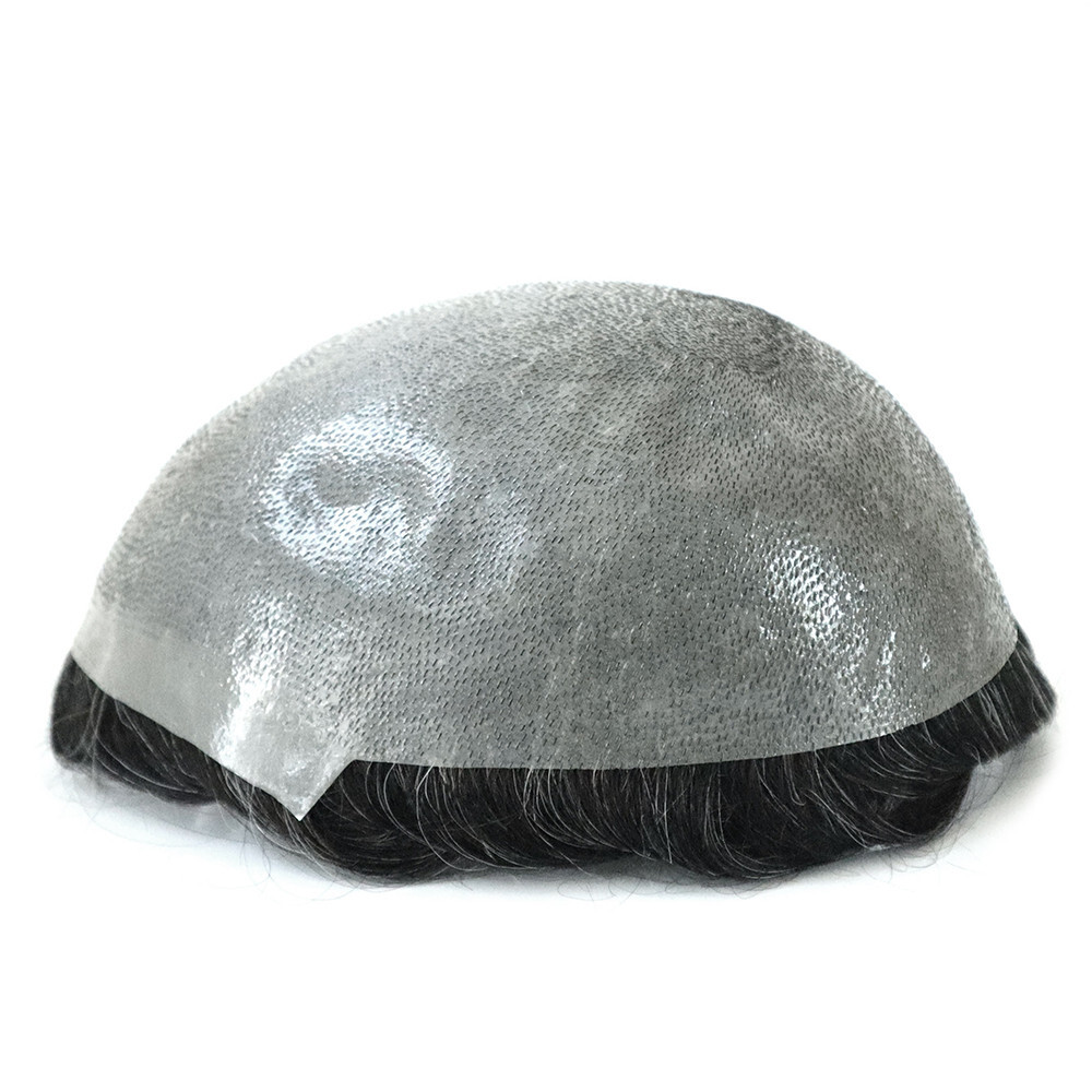 Mens Toupee Thin Skin V Looped Human Hair Replecement System Natural BLACK GREY