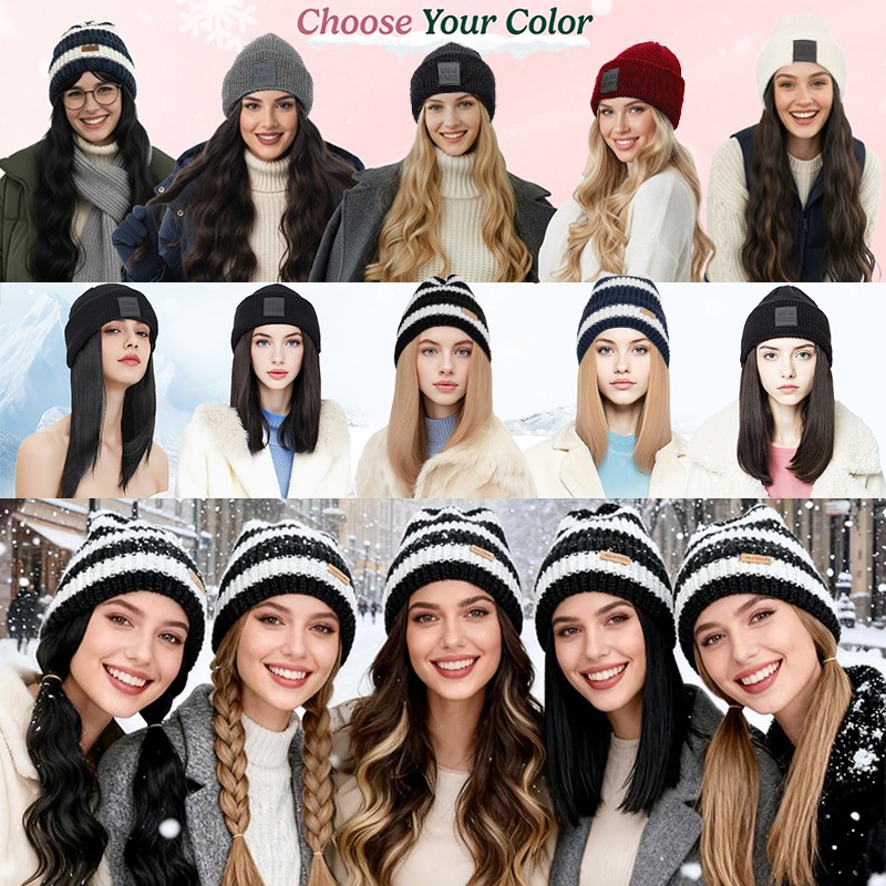 Fashion Lady Beanie Hat Wig Winter Knitted Hat with Long Wavy Hair Synthetic 18″