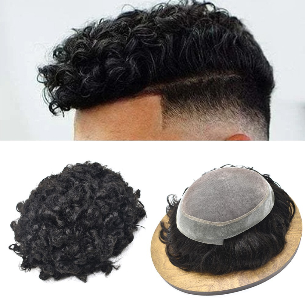 US Afro Kinky Curly Mens Toupee Black Men Hair Units Replacement System Durable