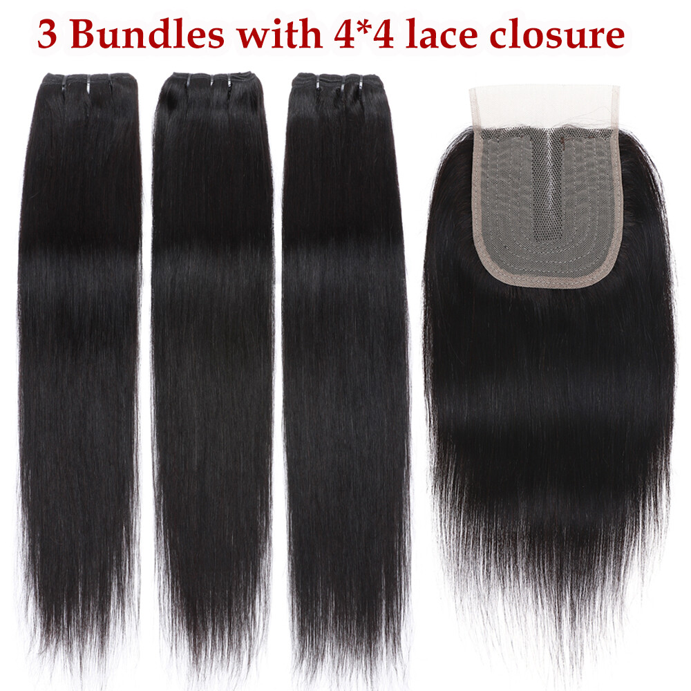 9A 3 Bundles With Closure Virgin Human Hair Weave Brazilian Tpart Middle Part US