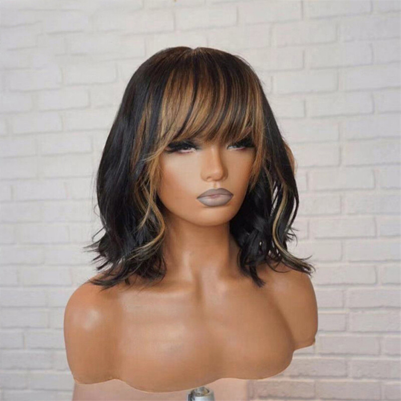 Black Hair with Honey Blonde Highlights Bangs 13×4 Lace Front 100% Human Hair