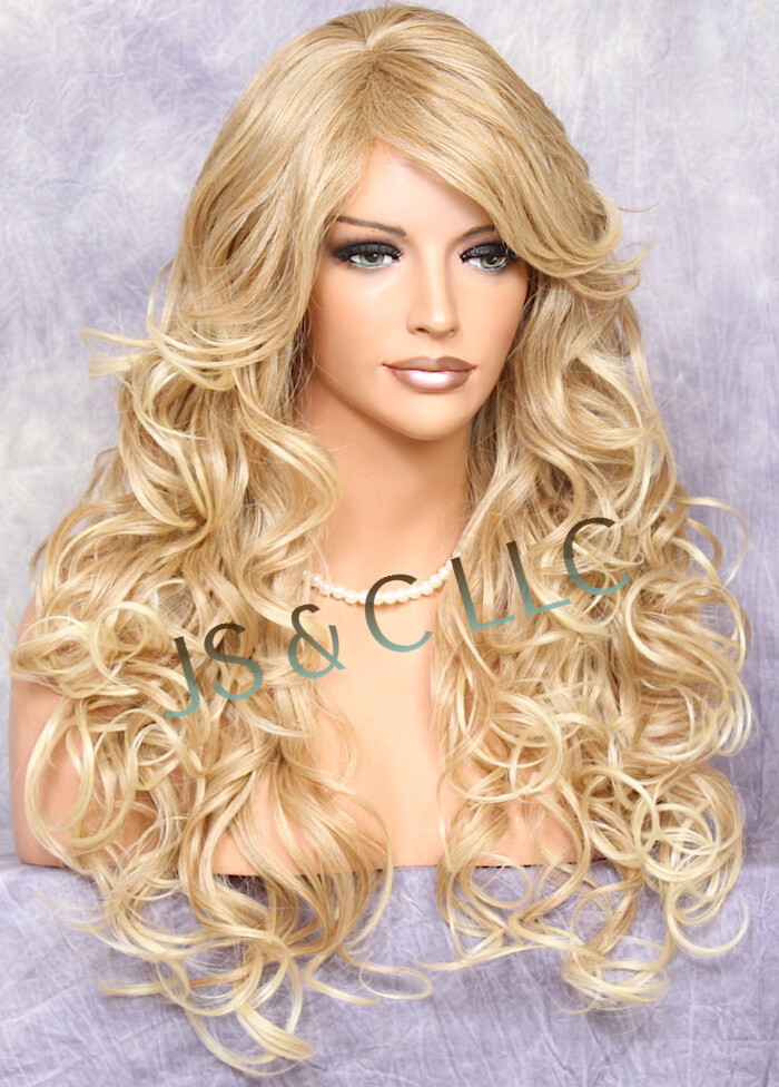 Full Heat OK Curly Long Human Hair Blend Wig Blonde mix Bangs 27-613 NWT WBSO