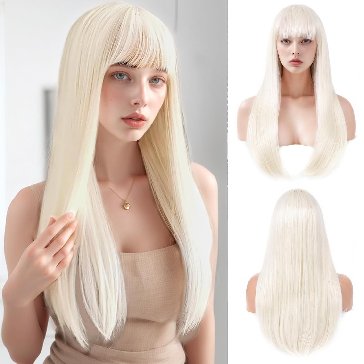 Bleach blonde Heat Resistant Hair Long Straight Costume Wig With Bangs