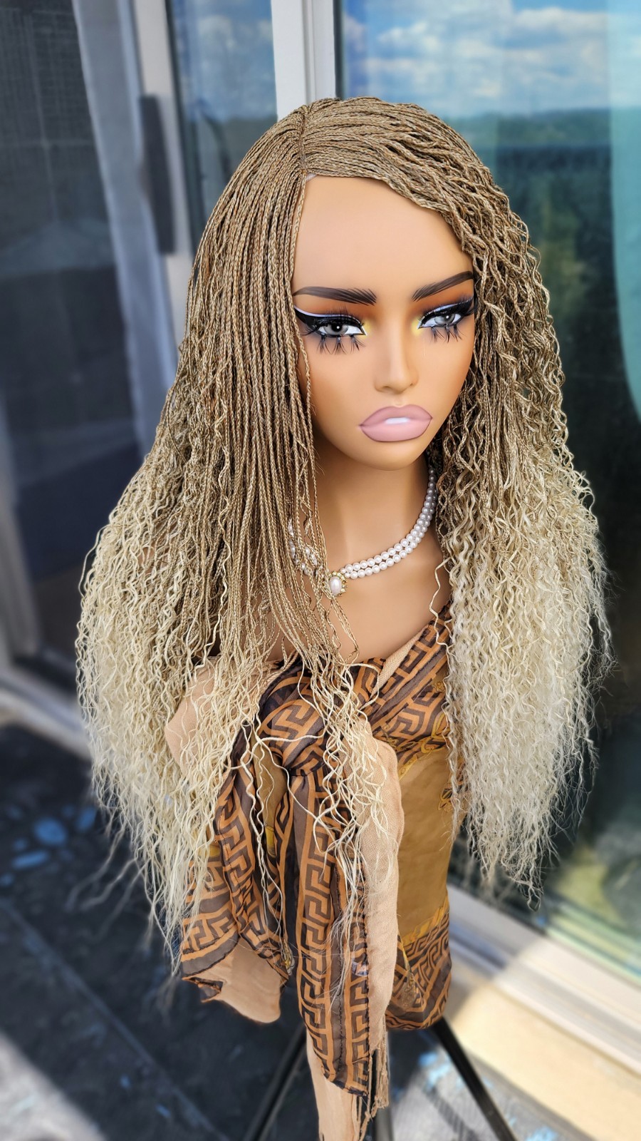 Braided Wig Lace Front Glueless 18″ Micro Boho Braids 27/613 Blonde Handmade NWT