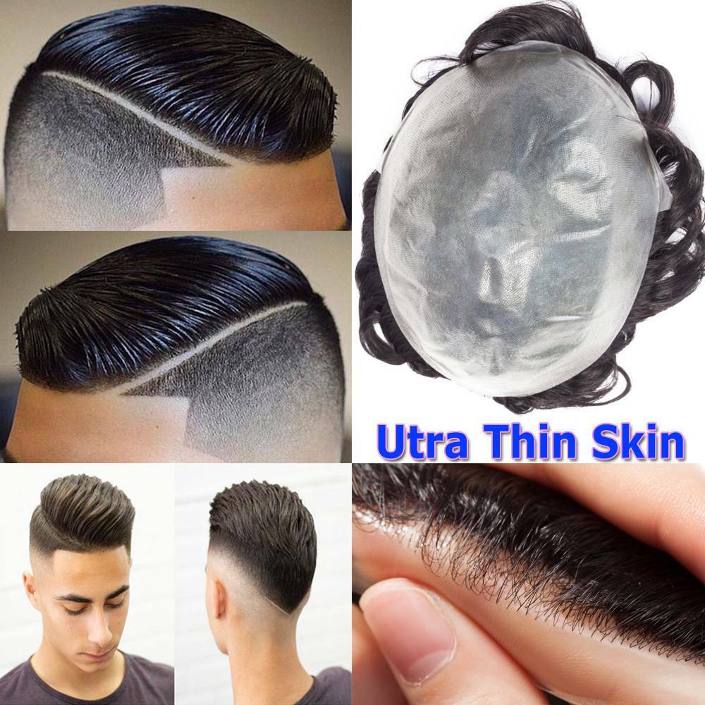 Fine Mono Mens Toupee Hairpiece Poly Skin Human Hair Replacement System Wigs US