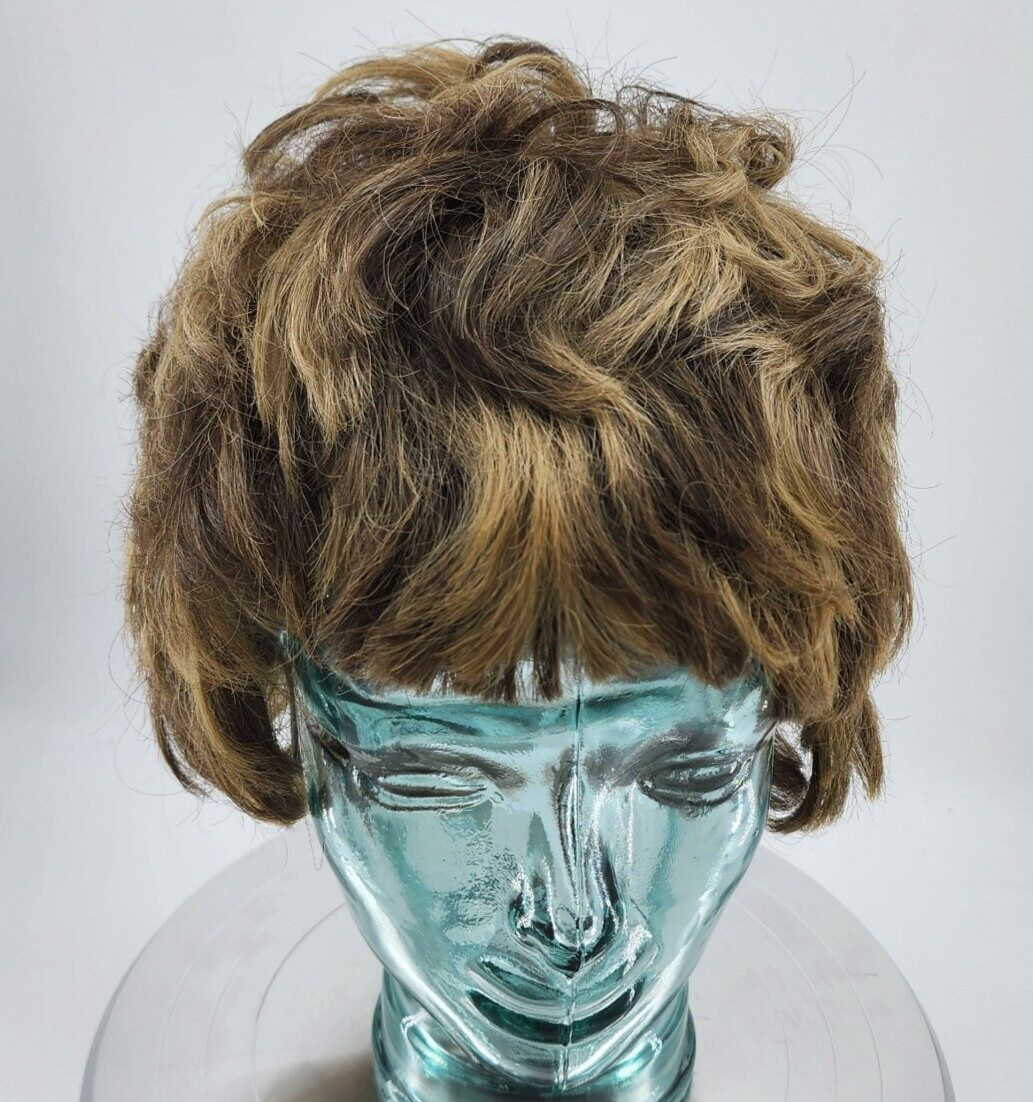 Vtg Short Hair Wig Slight Wave Brown/Honey Blonde Chunky Highlights 100% Dynel