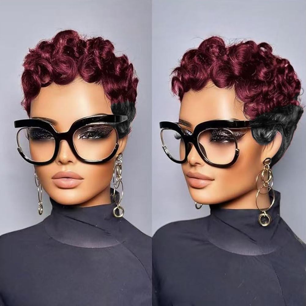 Short Curly Pixie Cut Wig Human Hair Burgundy Black Ombre 1B/99J
