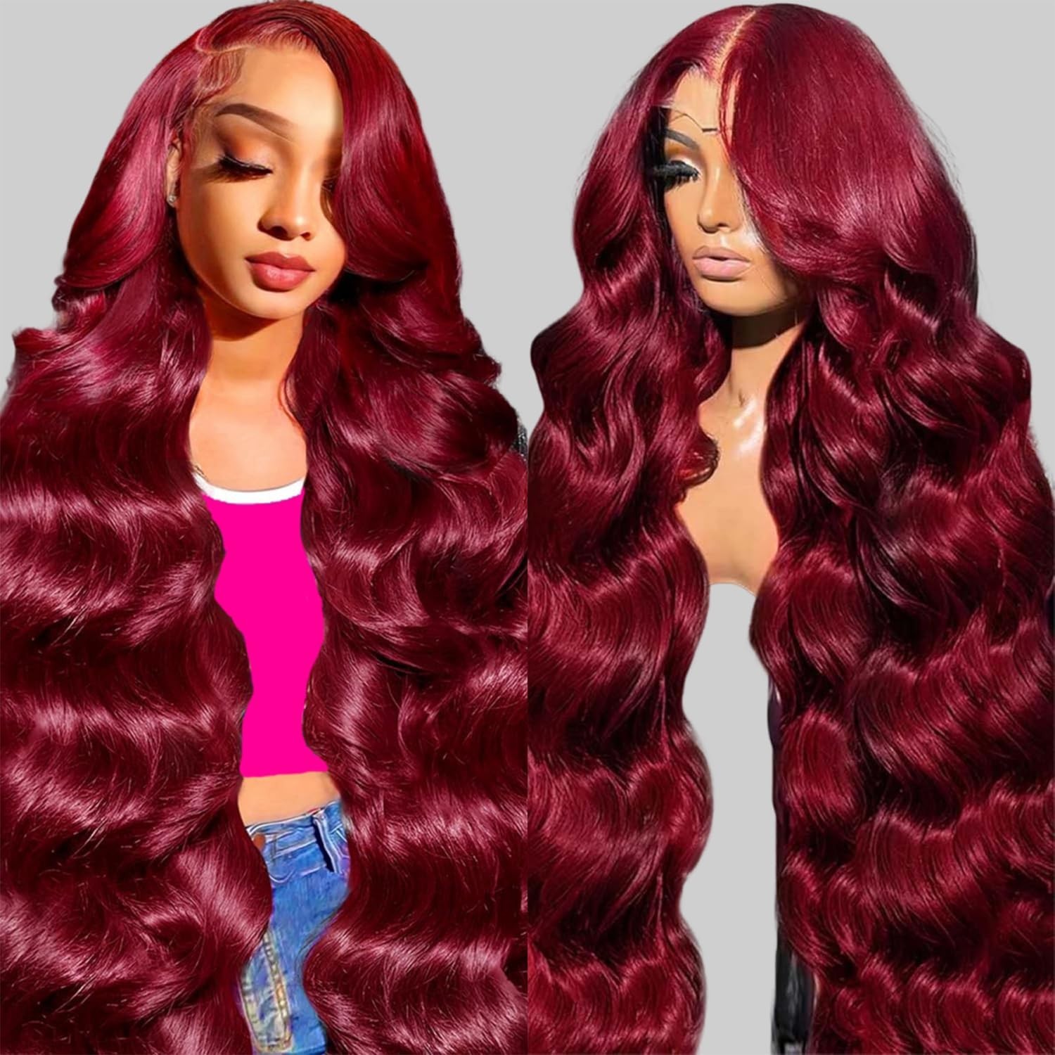 99J Burgundy Lace Front Wig 30″ Body Wave Human Hair 180% Density Pre Plucked HD