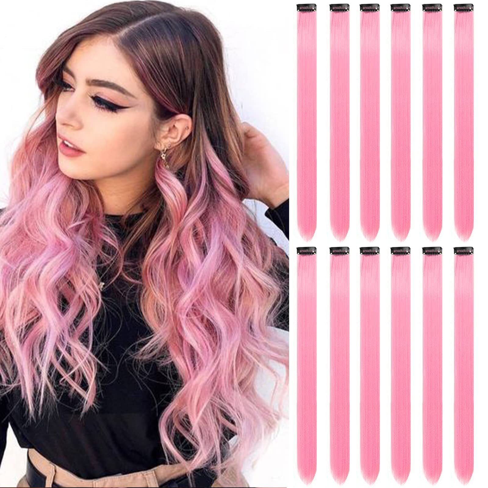 12 Pcs 22 Inches Pink Hair Extentions Clip In Party Highlights Extentions