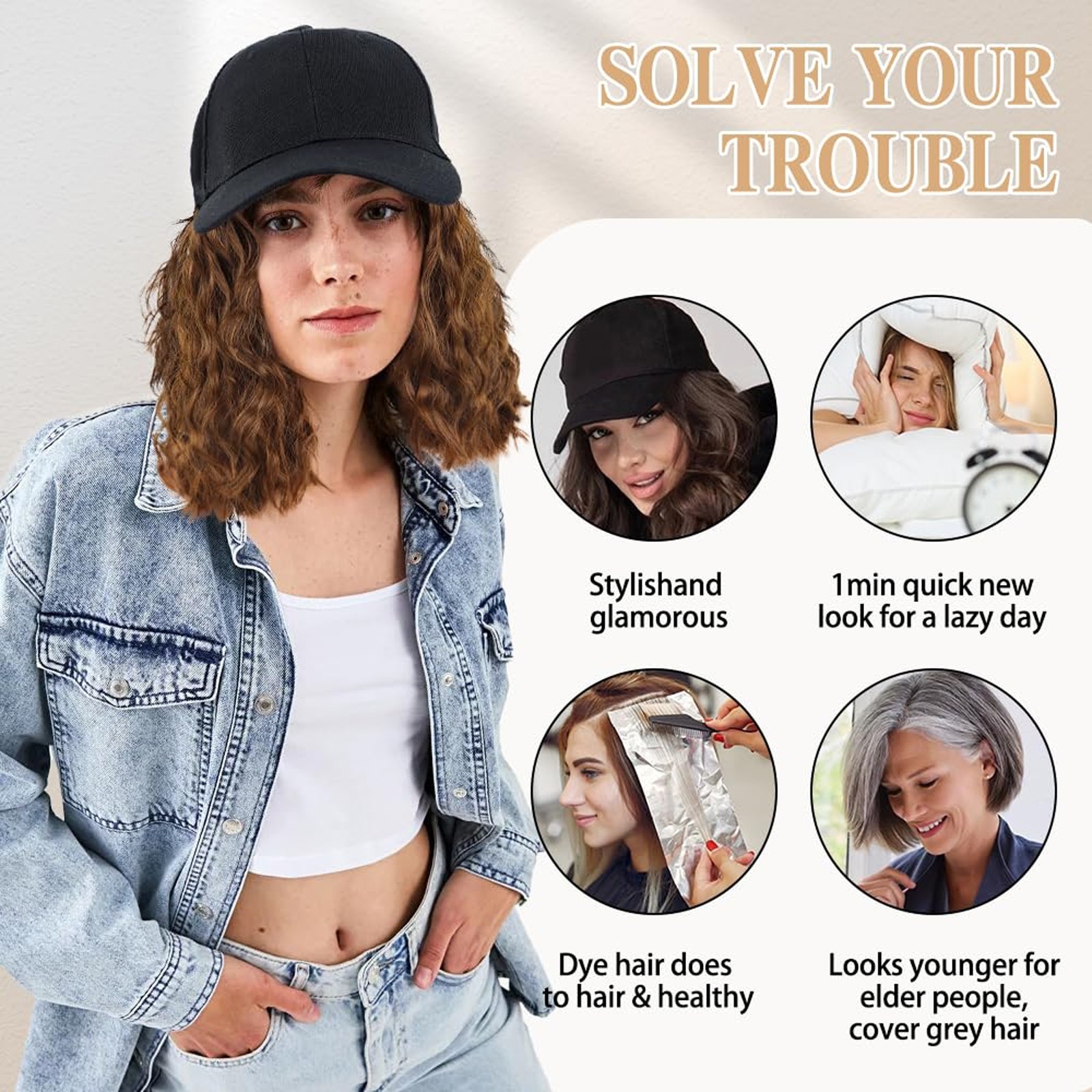 Women long Wavy Wig Baseball Cap With Synthetic Hair Adjustable Dad Hat Natural