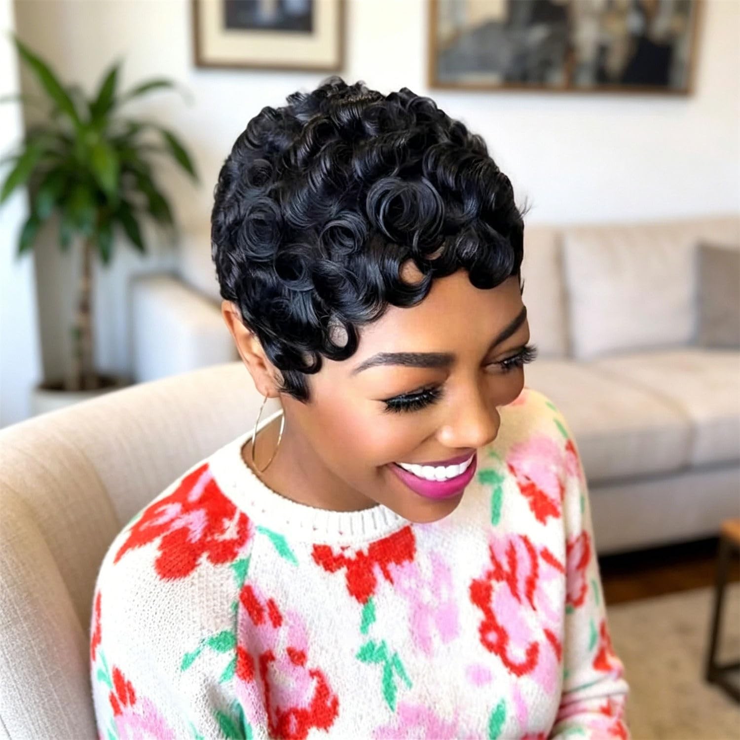 Short Pixie Cut Glueless Human Hair Curly Wig Finger Waves Natural Black