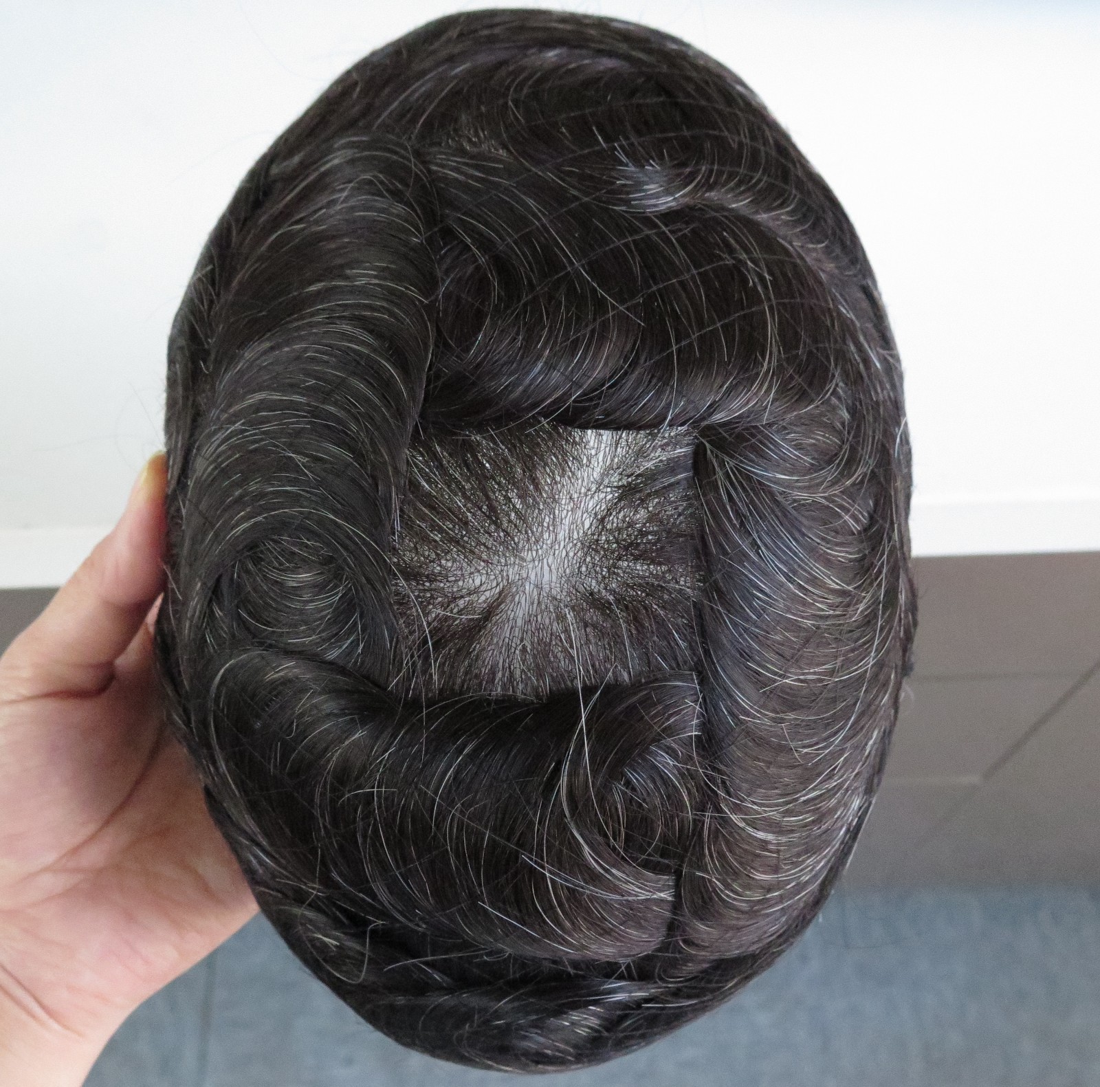 Mens Toupee Human Hair Replacement System Hairpiece Skin 0.04mm Black Grey #1B20