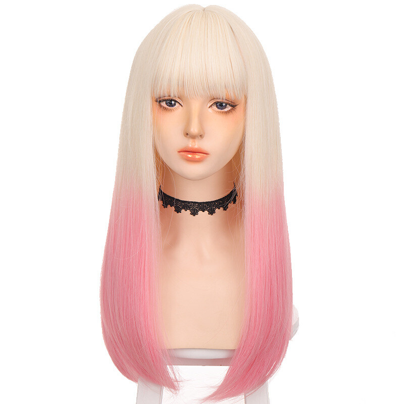 Cosplay Wig Women Straight Hair Light Gold Pink Gradient Hair Wig Lolita Wig
