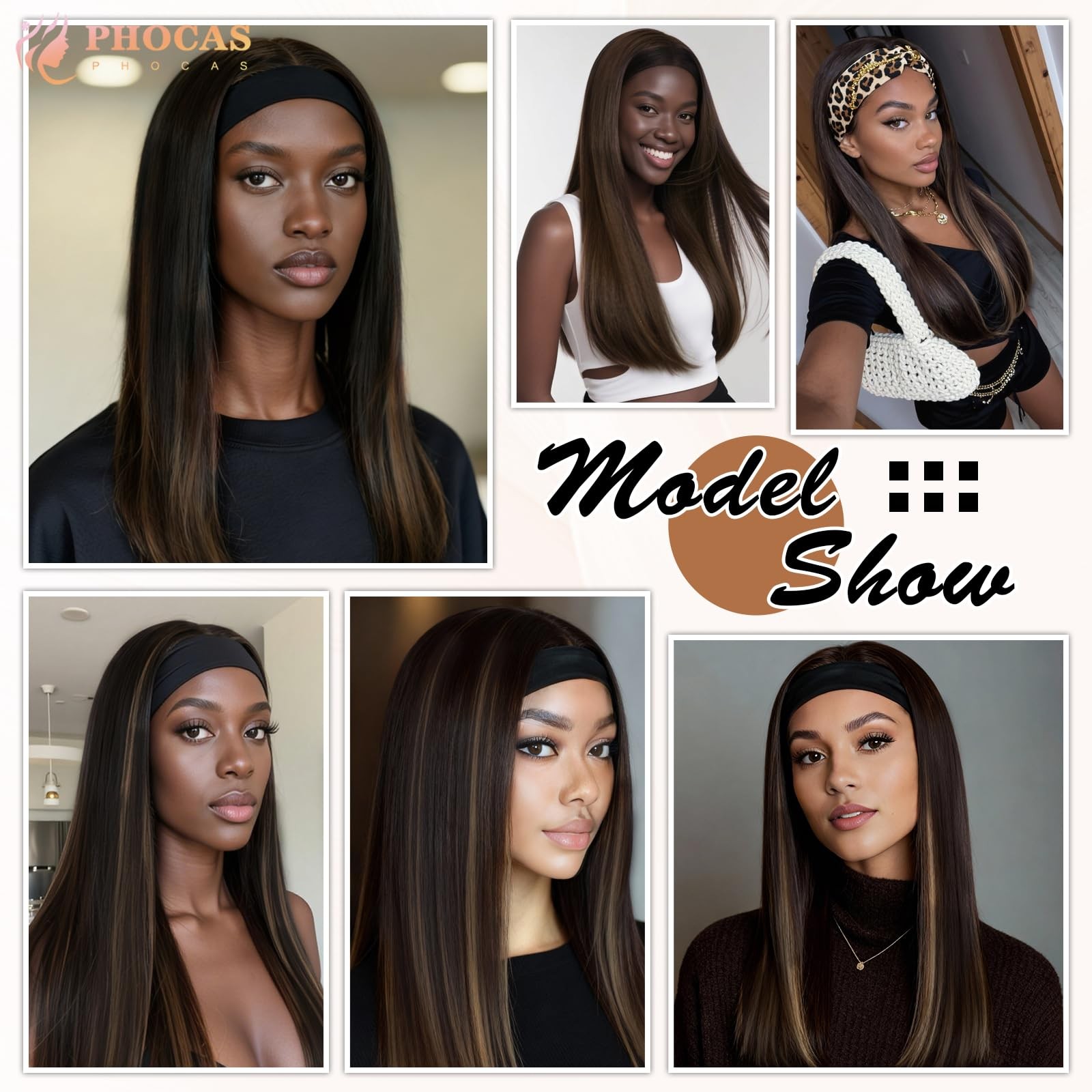 18″ Long Highlight Brown Headband Wigs for Dark Brown Headband with Highlight…