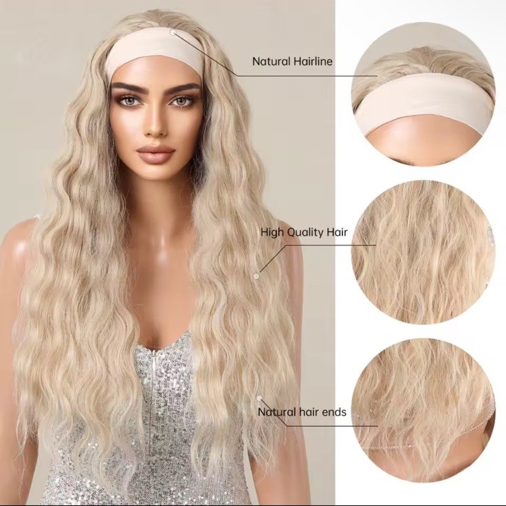 Long Wavy Soft Headband Cap Blonde Synthetic Wig 28” New
