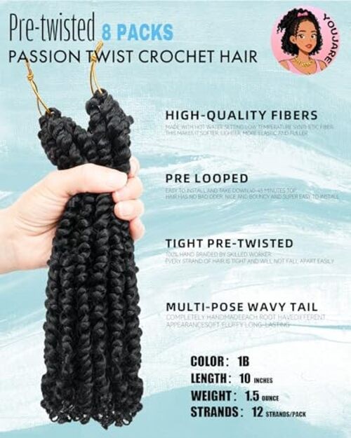 Pre-looped Passion Twist Crochet Hair Extensions,Crochet 10 Inch (Pack of 8) 1B