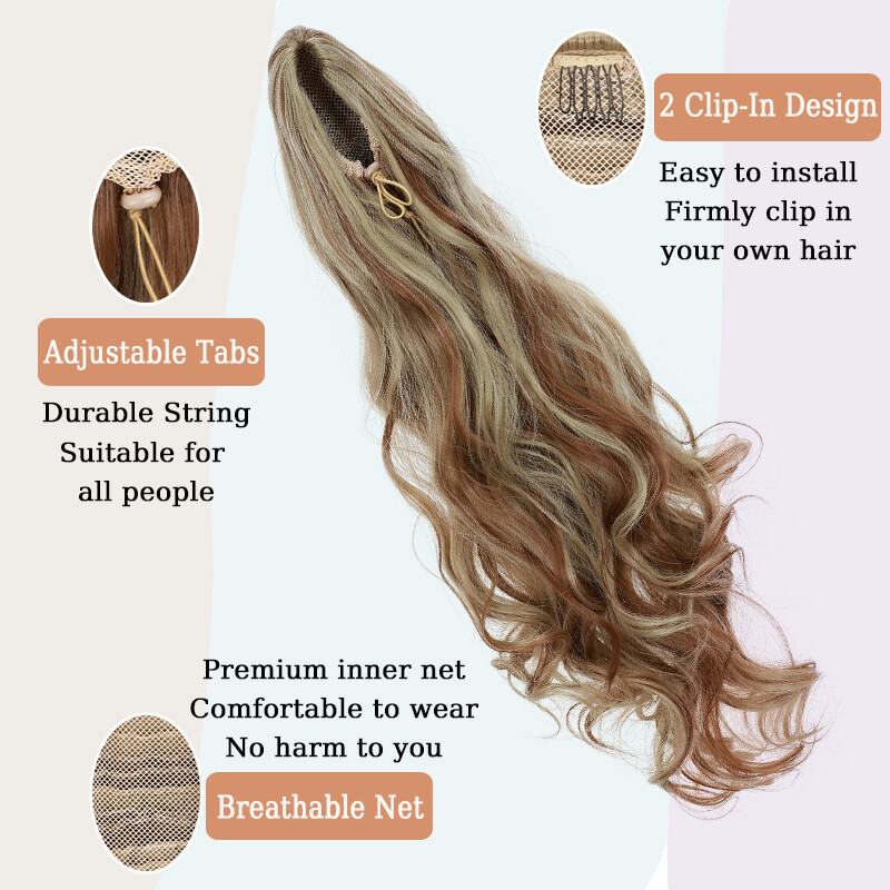 Long Drawstring Clip Ponytail Real As Human Hair Pony Tail Extension Balayage US