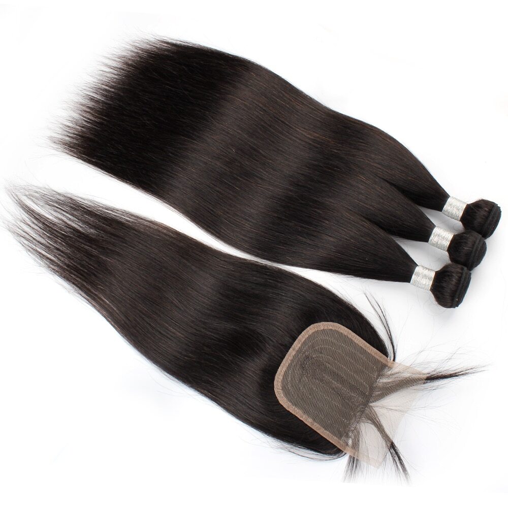 Human Hair 3 Bundles With 4*1 Lace Closure Natural Color Straight Hair Extension
