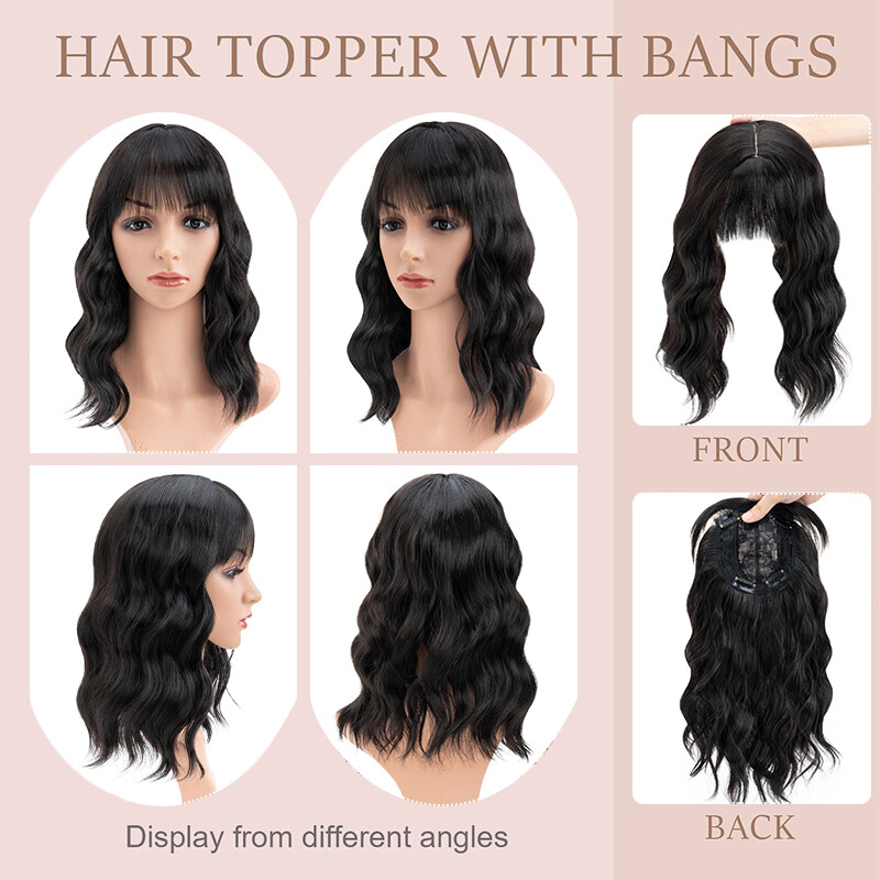 Thick Clip In Topper Hair Extensions Wavy Hairpiece With Bangs Natural as Human