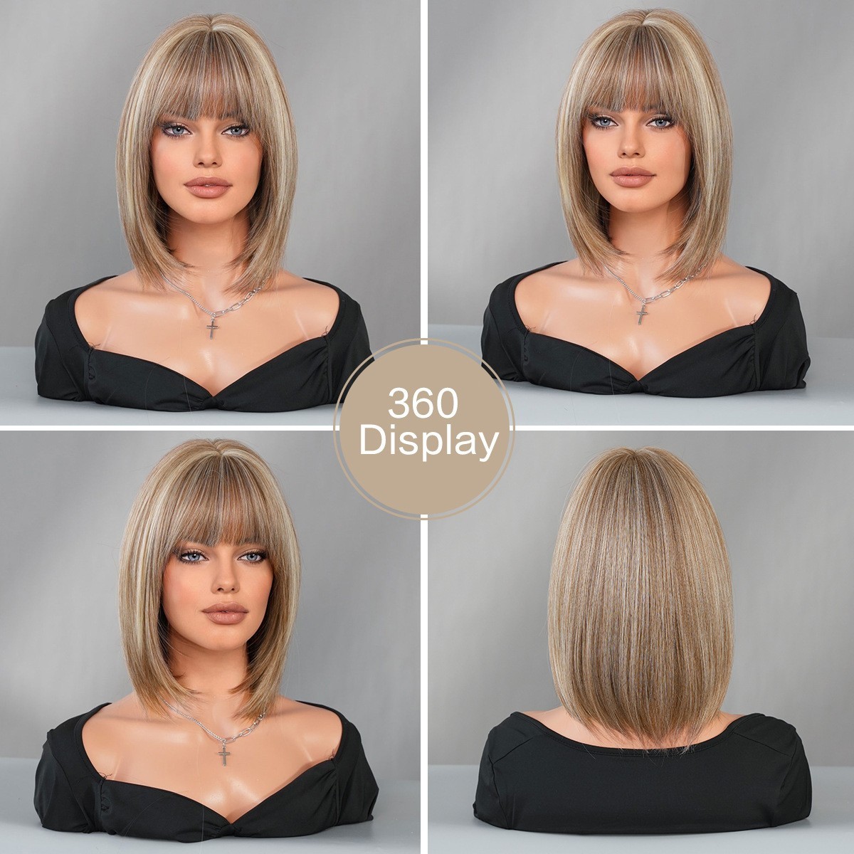 Short Bob Wig Brown Blonde mix Beige Highlight Full Head Fashion Sythenic Wigs