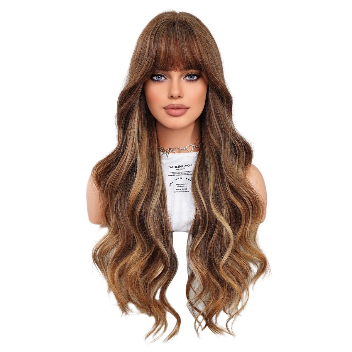 Golden highlighted long curly hair with big waves and bangs wigs