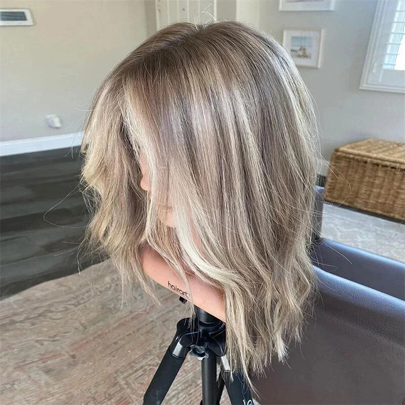 100% Human Hair Fashion Women’s Layered Medium Brown Mix Blond Wavy Wigs 14 Inch