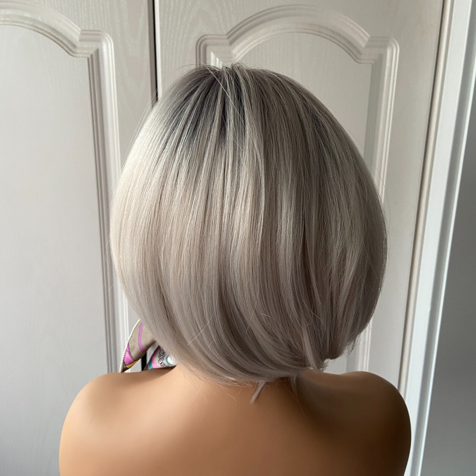 Short Bob Hairstyle Rooted Silver Gray Mix Synthetic Hair Wigs Women Soft