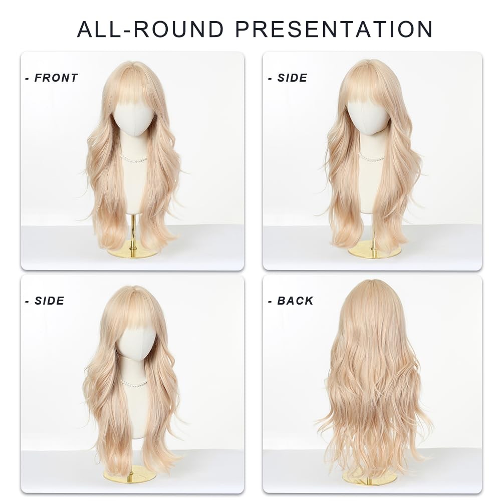 Long Wavy Blonde Wigs for Women with Fringe Natural Synthetic Hair Wig for Da…